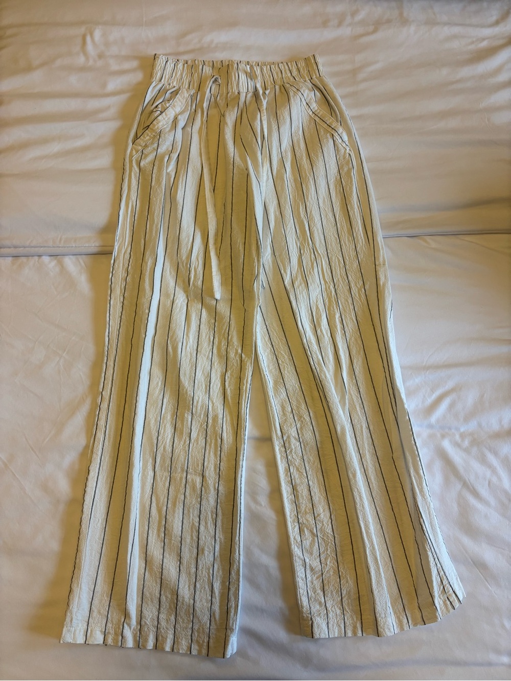 White pinstripe linen pants
